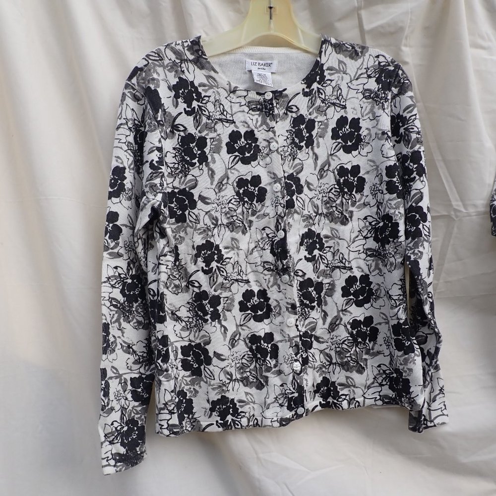 Liz Baker 2 piece Cardigan Sweater Set, Cream/Blk/Grey, Women's petite M NWOT